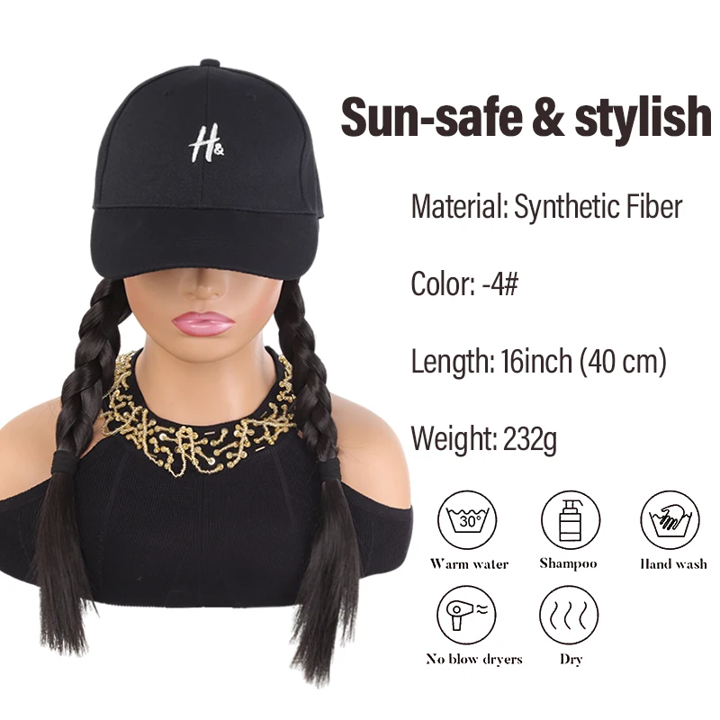Women's Fashion Wig Baseball Cap, Synthetic Fiber Material, Black Cap with Two Braided Pigtails, Ideal for Daily Life, Work & St
