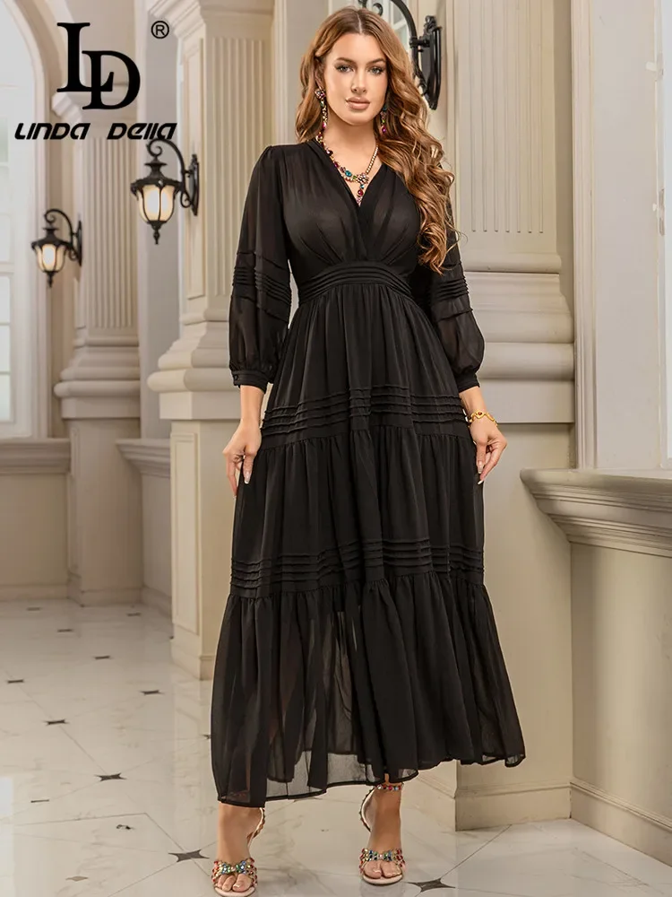 

Новое платье LD LINDA DELLA 2025 Весна/Лето: Сексуальное черное платье с V-образным вырезом, складками и пышной юбкой в европейском и американском стиле, с открытой спиной