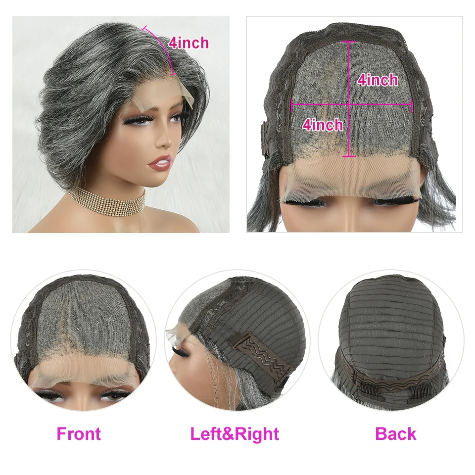 Grijze Kleur 4x4 Vetersluiting Menselijk Haar Pruiken Voor Vrouwen Mix Zilveren Vetersluiting Pruiken Pre Geplukt 8 inch Korte BOB Pruiken HairUGo