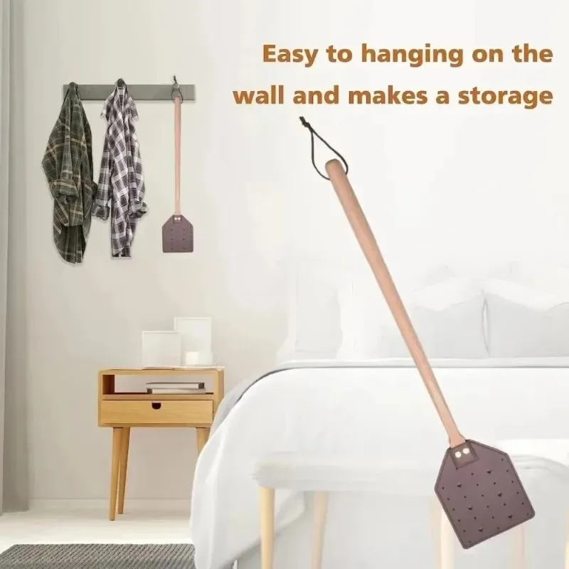 1pc Heavy Duty Leather Fly Swatter Brown Leather with Beech Wood Long Handle for Indoor and Outdoor