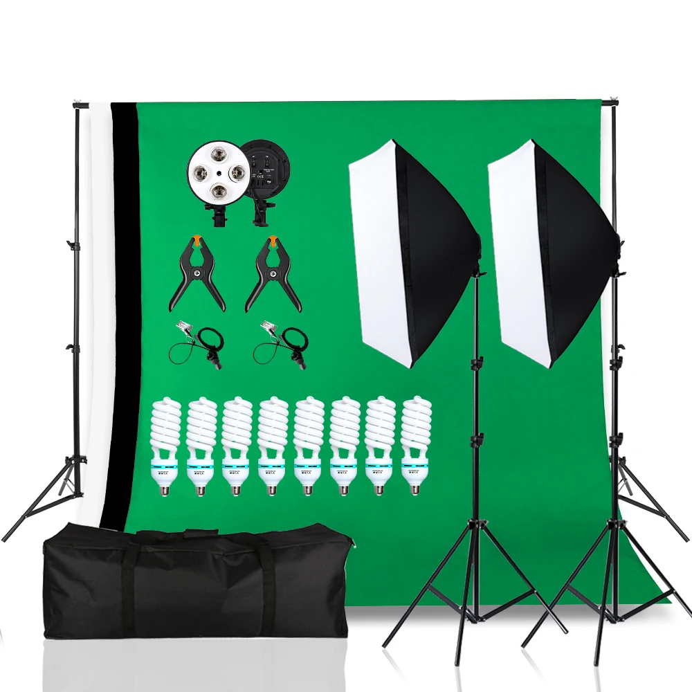 40/20/45/135W Bulbs Photo Studio Set Kit Softbox Lighting Tripod Stand Background Support Green Backdrop Video Shooting