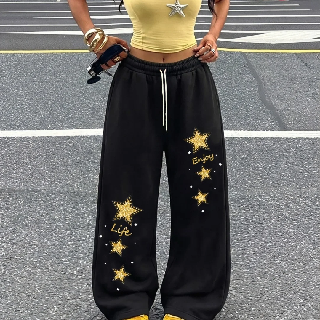 26 Glitter Star Print Street Casual Sports Pants with Drawstring and Elastic Waist,casual Trend Women's/Kids Straight Leg Pants