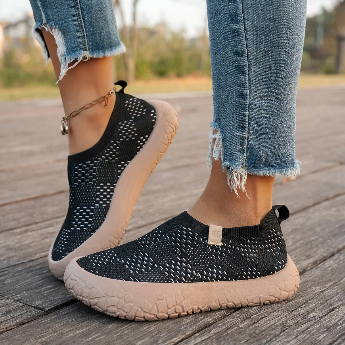 Atmungsaktive Damen-Slip-On-Sneaker mit Plateau, dicker Gummisohle, leicht, rutschfest, für Outdoor, Walking, Alltag und Freizeit – Detail 10