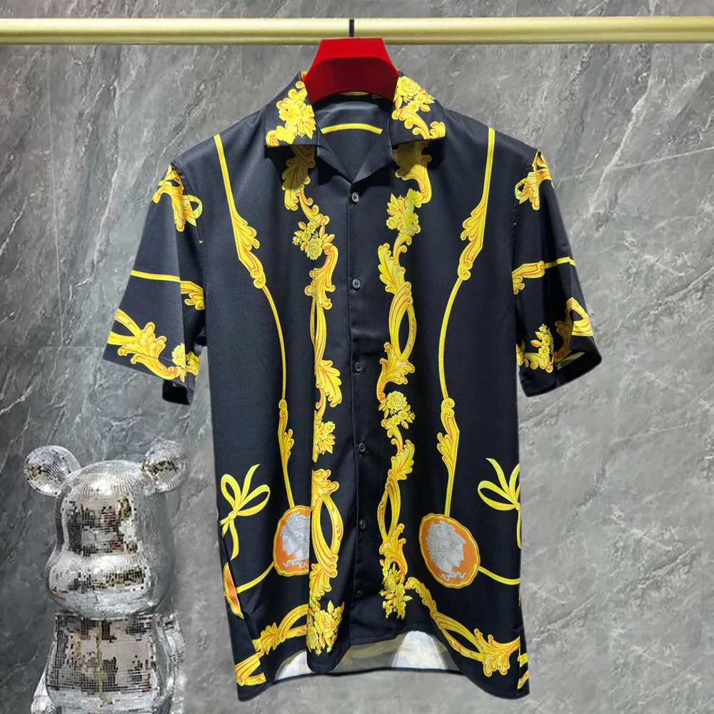 Fashion Black Gold RetroTop Hawaiian Beach Shirts Summer Streetwear Hip Hop European Baroque Print Shirt Camisa Floral Masculina
