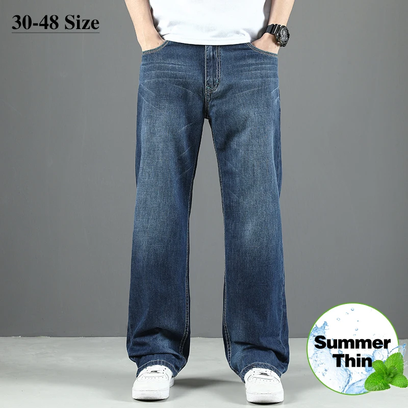 

100% Cotton Men's Summer Thin Jeans Classic Straight Baggy Denim Pants Brand Comfortable Casual Trousers Plus Size 42 44 46 48