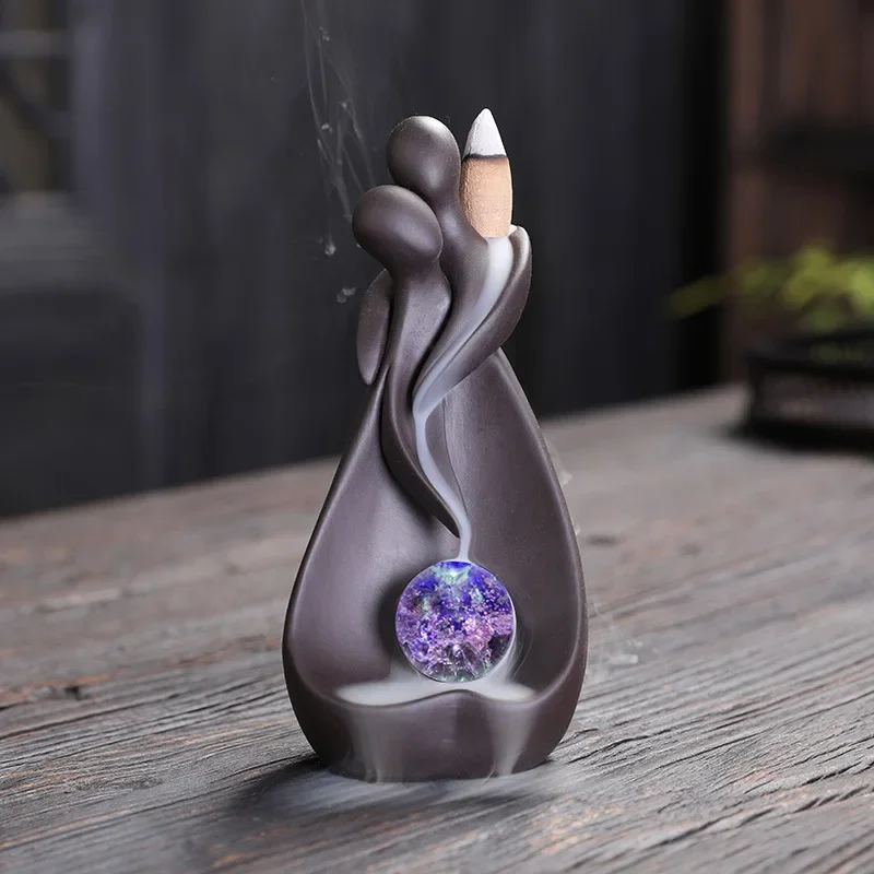 YXYMCF Embrace Each Other Backflow Incense Burner with LED light Ceramic Incense Waterfall Censers for Home Decor Ornaments