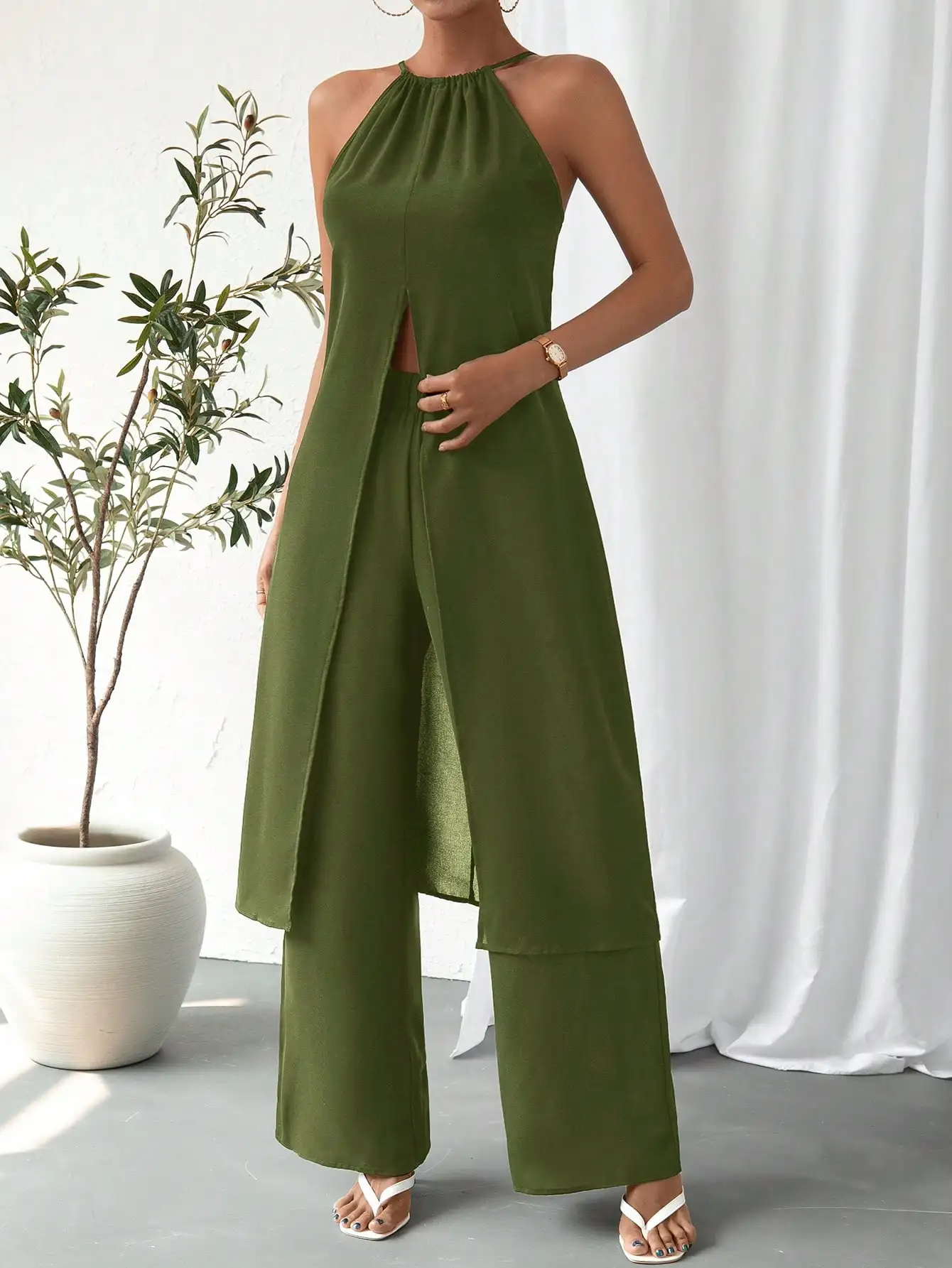 Elegant Casual Solid Color Ladies' Two-Piece Set Strap Design Comfortable Fashionable Women's Outfit Combo