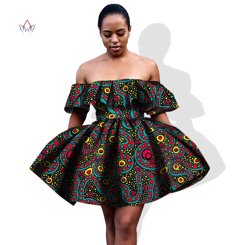 Bintarealwax Summer African Dress for Womans Mini Puff Sleeve African Dresses Plus Size Dress Strapless Ball Gown WY1046