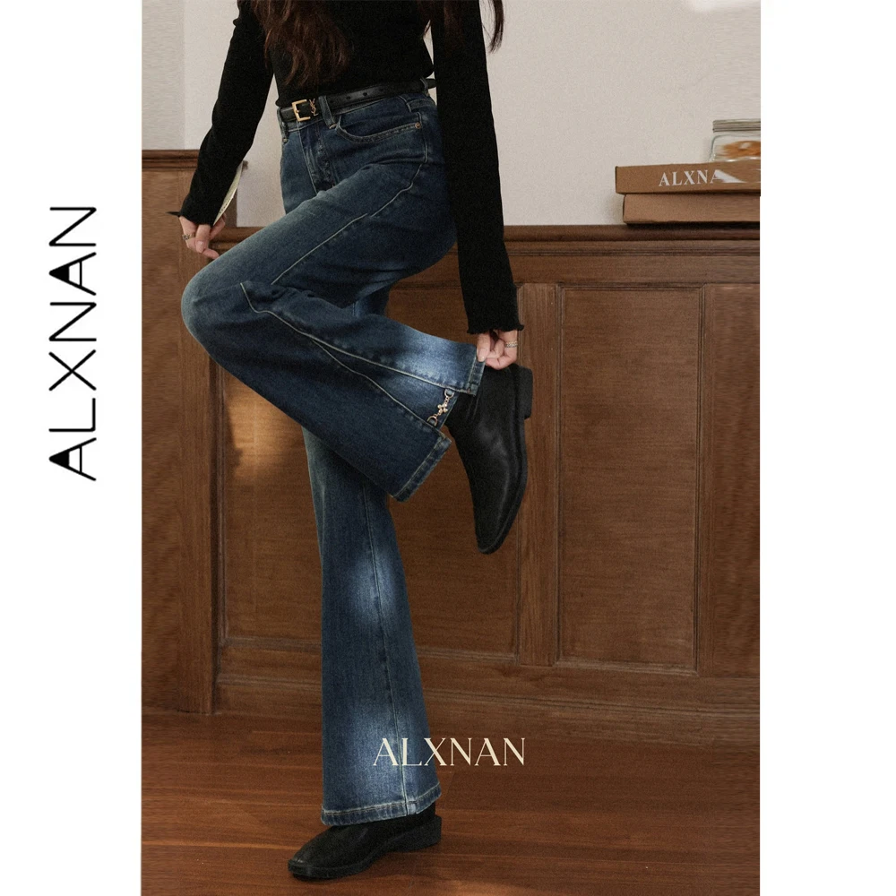 ALXNAN Blue Vintage Jeans for Women Autumn New Unique Design Straight Long Pants elegant baggy trousers female L57760