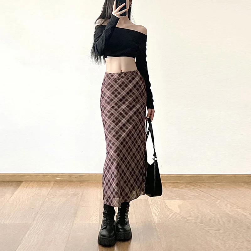 2023 Autumn New Women's Clothing Academy Style Pattern Print Versatile Slim Fit High Waist Split Skirt