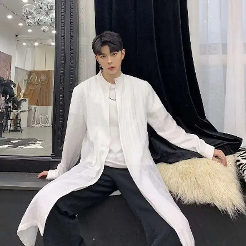 & Cotton 2025 Men En Long Shirts Side Split Summer Stand Collar Blouse Man Vintage White Black Color Punk Hip Hop Shirt &