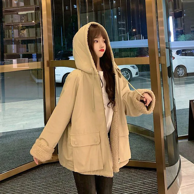 Hdspq Thick Reversible Lamb Wool Coats for Women Harajuku Loose Short Hooded Jackets Woman 2023 Winter Korean Long Sleeve Parkas