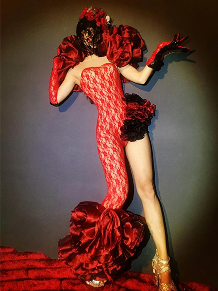 Stroje na festiwal rave, seksowne, elastyczne body z koronki, nakrycie głowy z różą, odzież do tańca gogo, kostium na występy dla tancerzy klubowych.