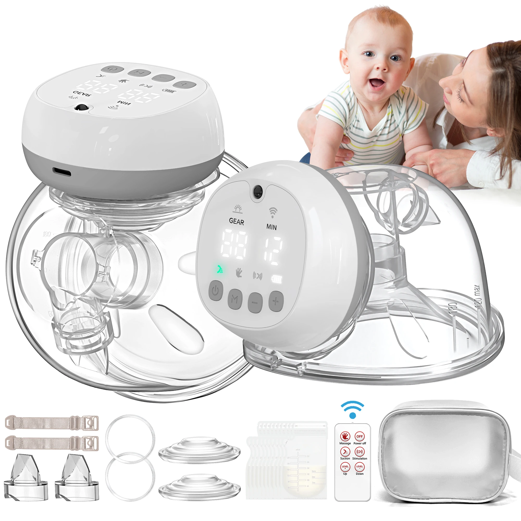 Breast Pump Hands Free Wearable Breast Pump of Baby Mouth Double-Sealed Flange with 3 Modes & 12 Levels, Electric Breast Pump