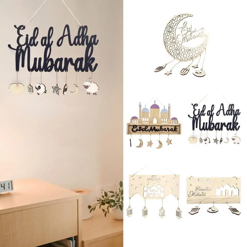 Eid Wooden Ornament Moon Star Pendant Eid Pendant Door Sign Elegant Art Craft Decoration for Home Farmhouse Kitchen