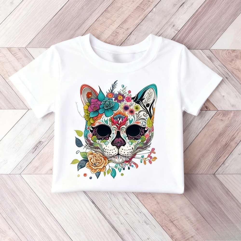 

Day of The Dead Tshirt Cat Sugar Skull Shirt Dia De Los Muertos Women T-shirt Halloween Casual Fashion Short Sleeve Daily Life T