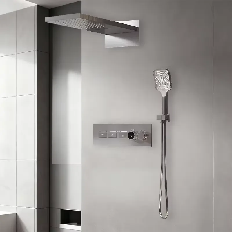Bathroom Thermostatic Shower Faucet Set Ceiling Mounted Concealed Wall Mixer Rainfall Shower Head Kit Hand-held Jet Pause