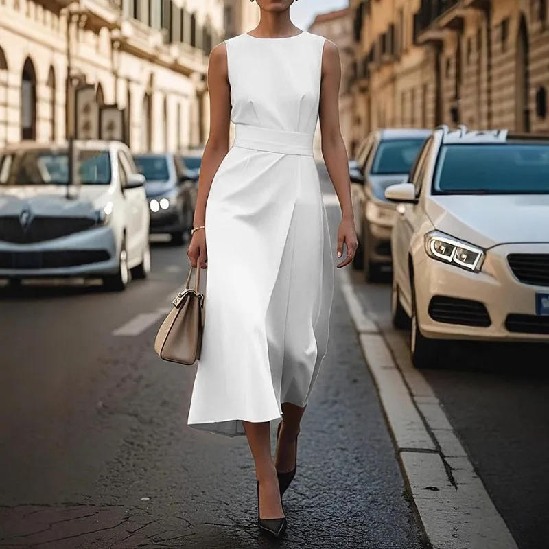 

2025 new summer sleeveless round neck fashionable casual temperament solid color long dress for women