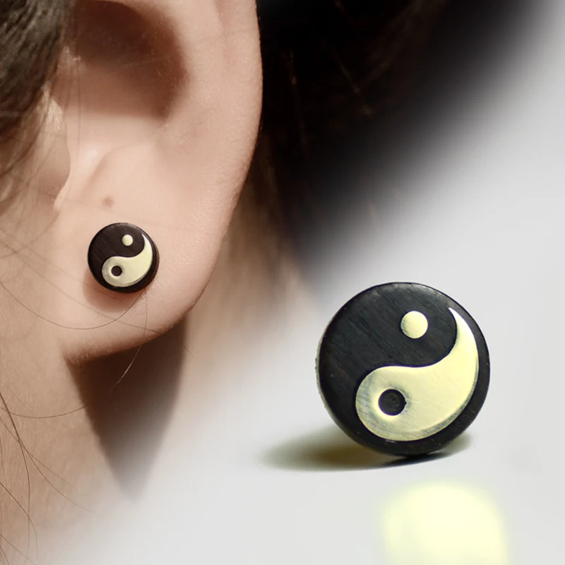 Men's Chinese Yin Yang Taiji Earrings Sandalwood & Sterling Silver Magnetic Clip On (No Piercing Needed) Modern Chinese Style