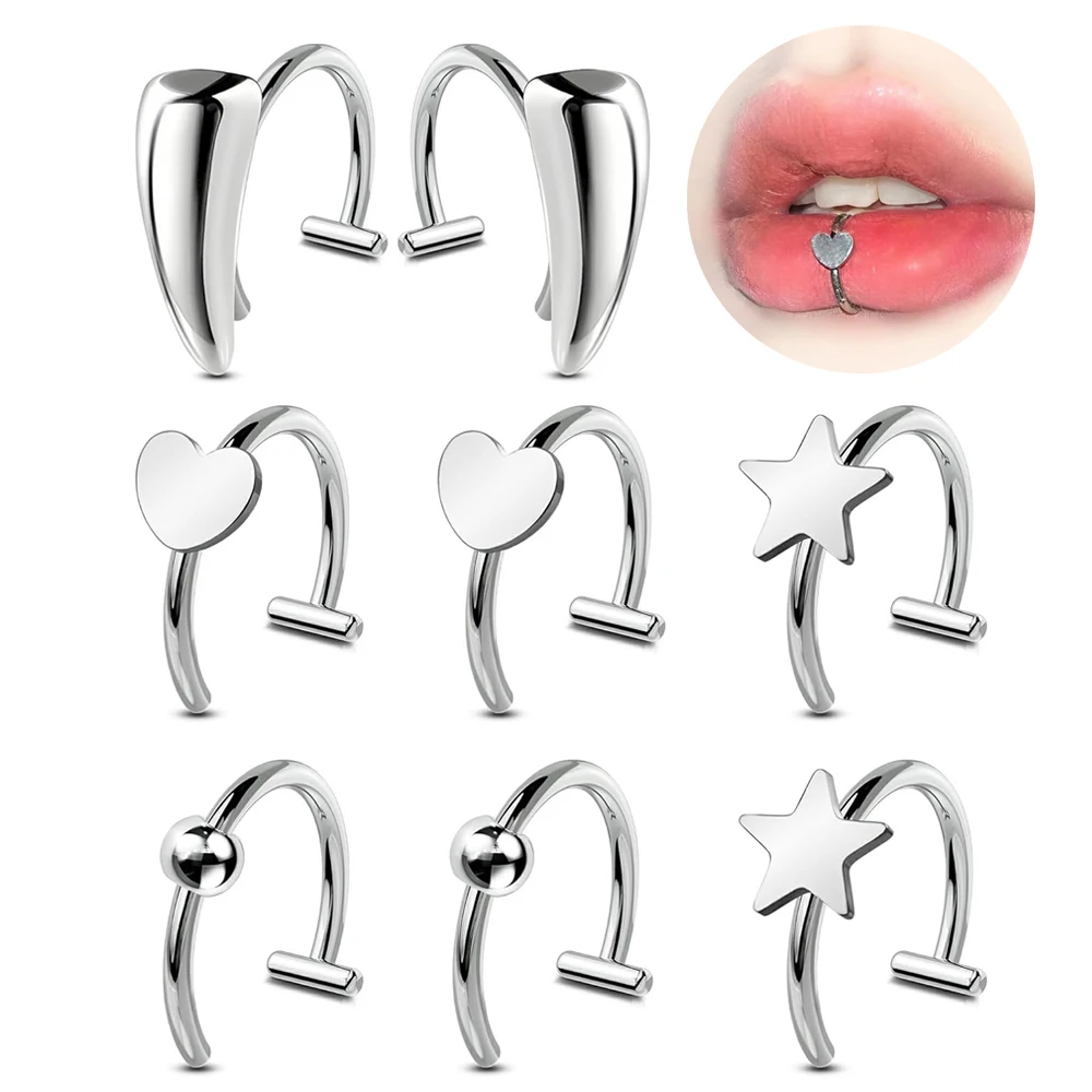 2/8Pcs Of 316L Medical Steel Heart-Shaped False Lip Rings Set Adjustable Non Perforated Women's And Men's Fashion Body Jewelry