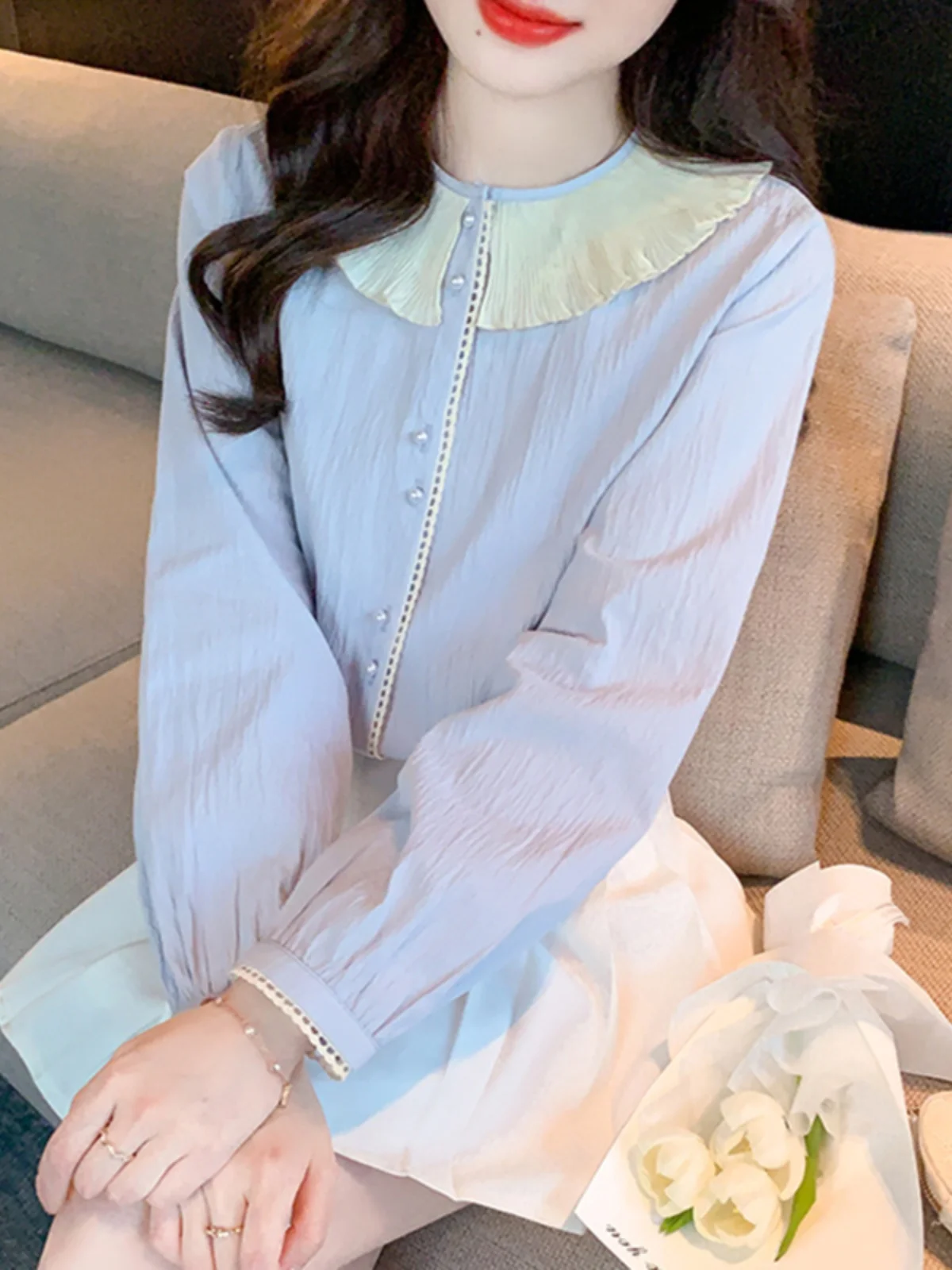 

Korean Sle Long Sve round Ne Chiffon irt Women's Spring 2026 Autumn Winter New Unique Faionable Beautiful Small irt