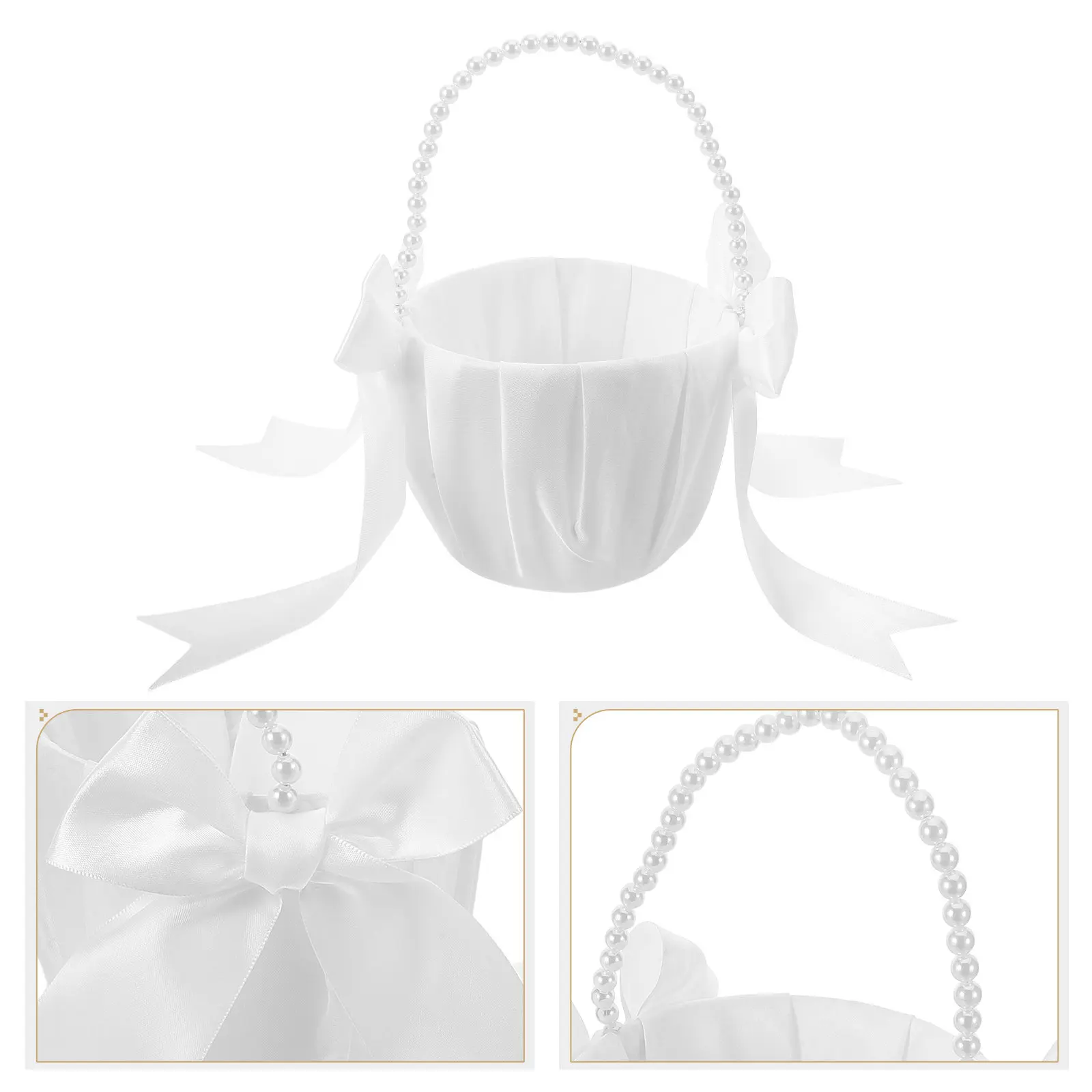 

White Wedding Flower Basket with Pearl Handle Satin Bowknot Lightweight Petal Carrier Ideal for Bride's Entrance Ceremony