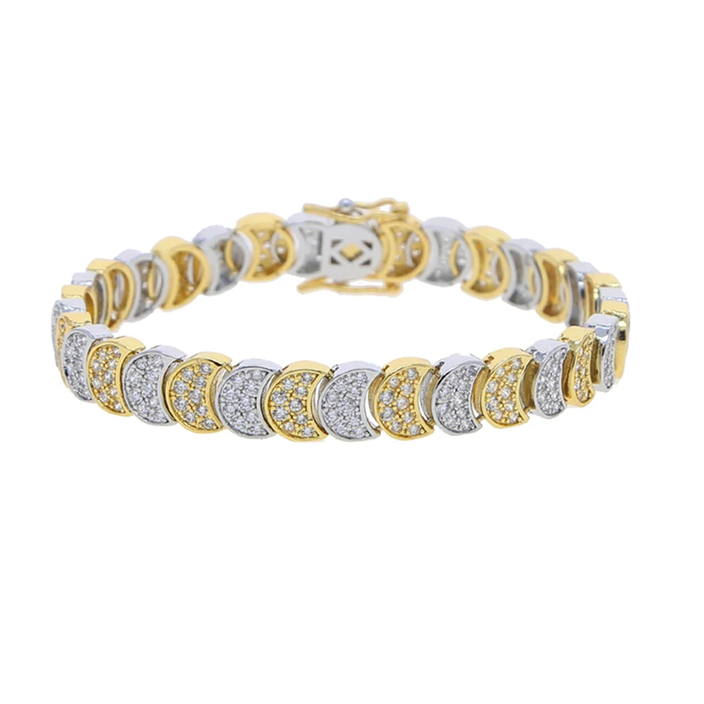 Iced Out Moon Charm Shaped Chain Bracelet Gold Color Pave CZ Stone Zircon Bangle Fashion European Women Girl Jewelry