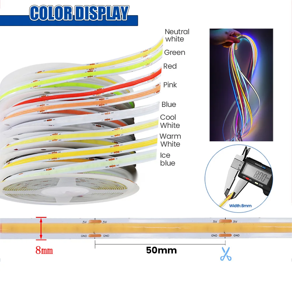 Imagem -03 - Flexível Cob Led Strip Light tv Backlights Night Lamp Home Decor Fita dc Usb Branco Vermelho Verde Rosa Gelo Azul Amarelo 5v 320 Leds