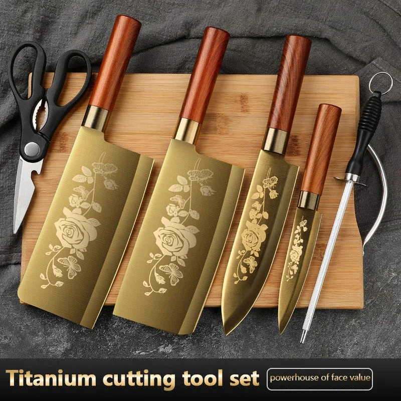 Titanium Gold Plated Stainless Steel Multifunctional Chef Knife Household Kitchen Knife for Meat, Fruit & Small Bones