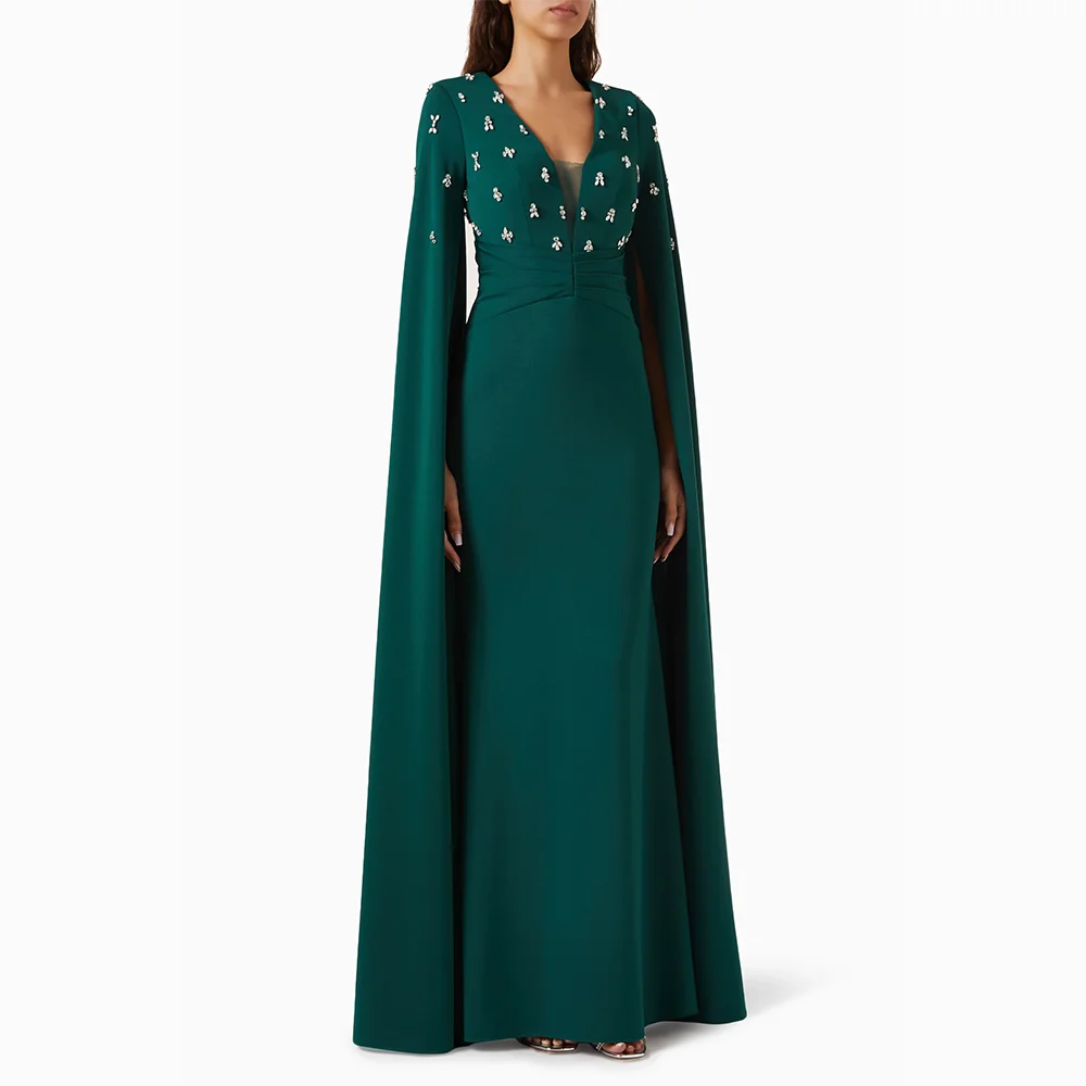 우아한 이브닝 드레스 저지 긴 소매 비즈 크리스탈 인어 이브닝 가운 바닥 길이 댄스 파티 드레스 드레스 맞춤형