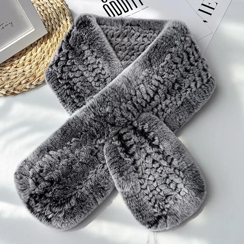 وشاح شتوي محبوك للجنسين مع فرو أرنب ريكس حقيقي للرجال والنساء برقبة دافئة كاتم صوت من الفرو الأصلي