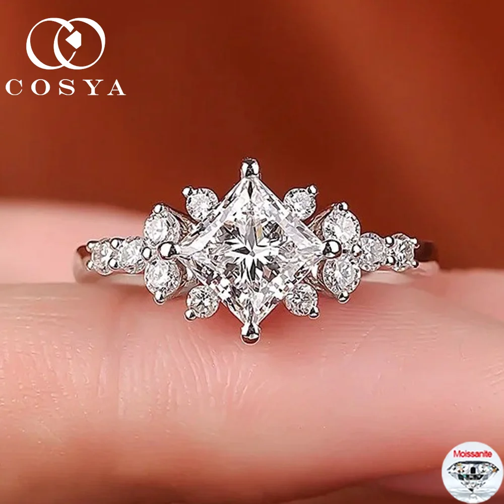 

COSYA 2CT кольцо с муассанитом огранки принцессы для женщин, сертифицированный цвет D VVS1, стерлинговое серебро 925 пробы, обручальное кольцо, ювелирные изделия