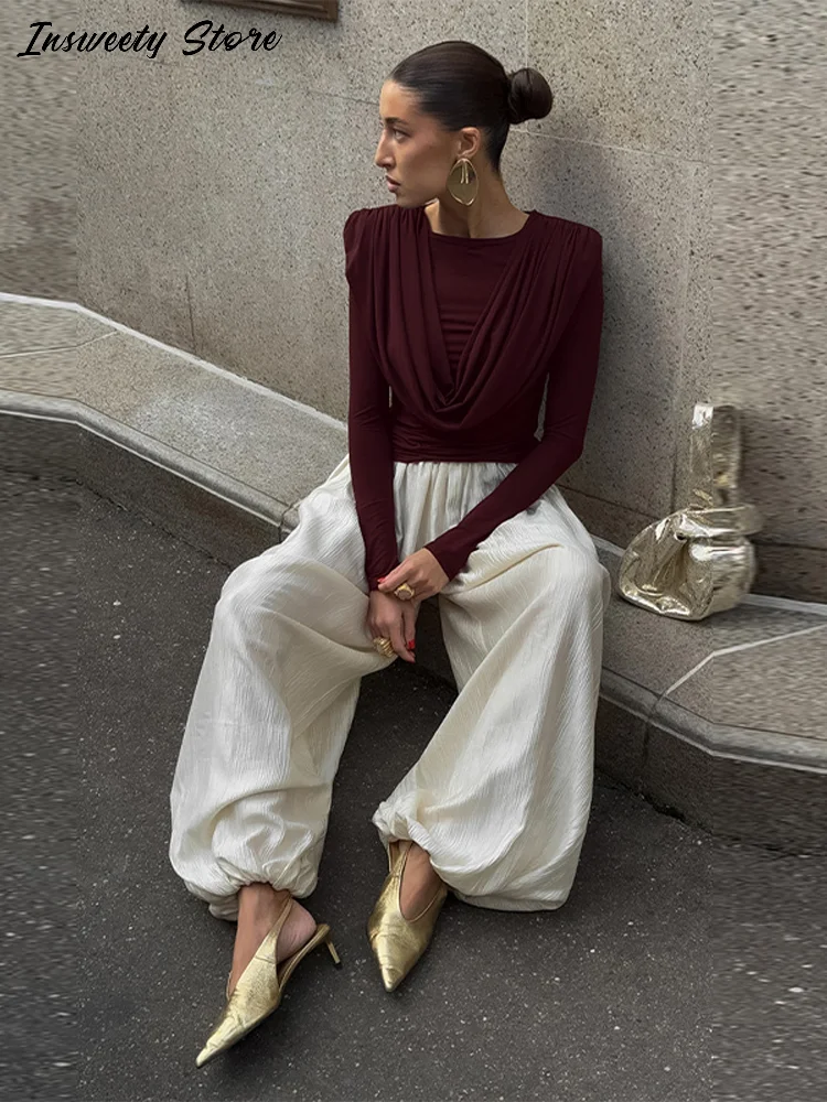 

Элегантный драпированный топ с круглым вырезом, женская базовая однотонная облегающая эластичная рубашка с длинными рукавами, весна 2026, новая женская повседневная многослойная блузка