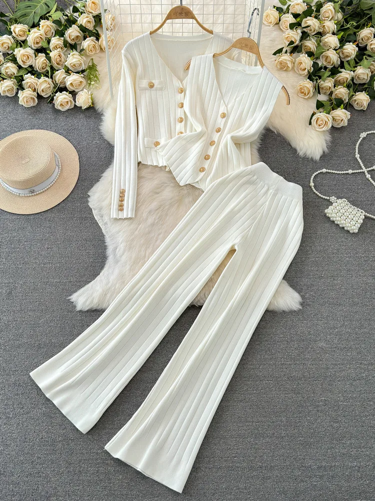 New Autumn Women's Knitted 3 Pieces Sets Single Breasted Cardigan+Tank Top+High Waist Wide Leg Long Pants Suits Outfits 2024