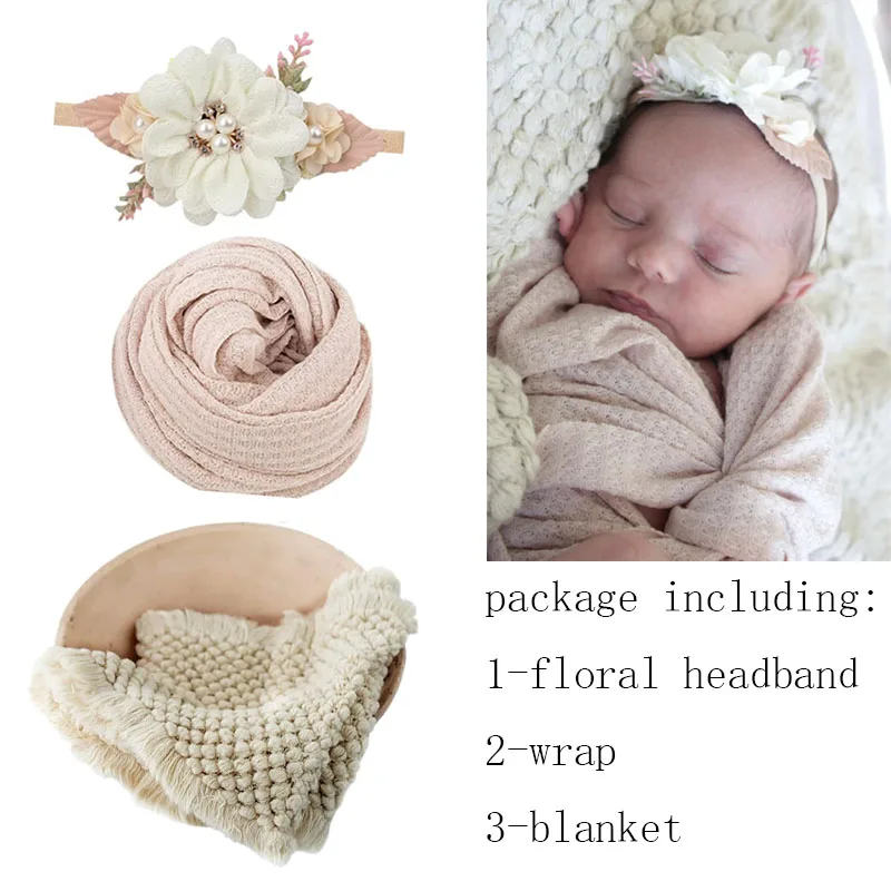 

Набор из 3-х предметов для детской фотосессии, вязаное одеяло для фотографий, эластичная накидка и повязка на голову с цветком для фотосессии новорожденных