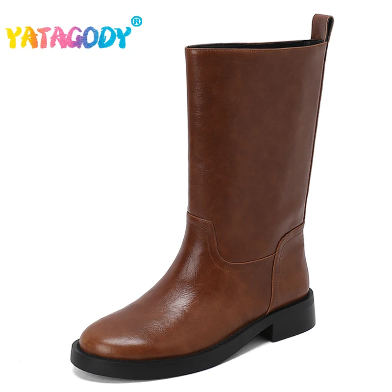 

YATAGODY Size 34-39 Women Short Boots Genuine Leather Wide Calf Chunky Heel Winter Shoes For Womens Mid Calf Boot Casual Office