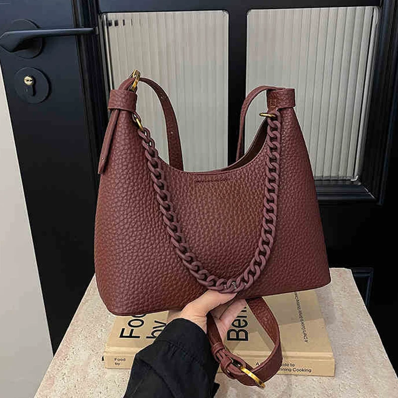 

Fashion Chain Handbags for Women Texture Lychee Pattern PU One Shoulder Crossbody Bag French Luxury Designer Underarm Bags