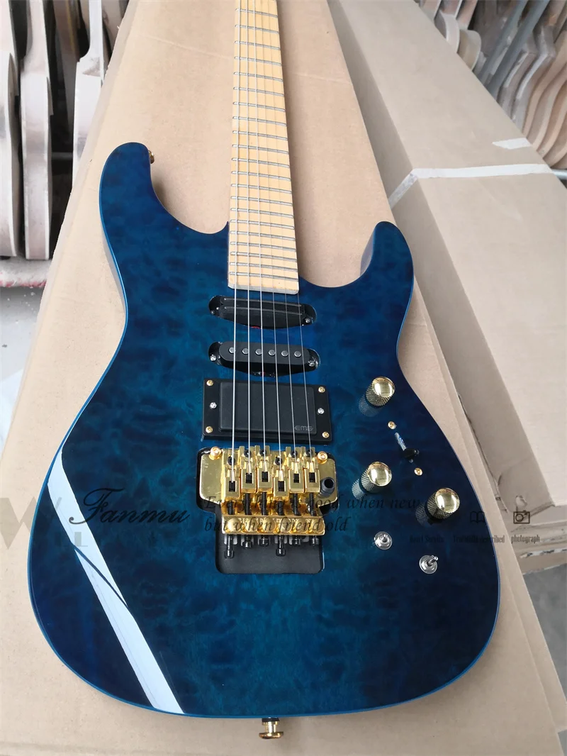 Blue Electric Guitar PC-1 Body Squilted Maple Veneer Maple Fingerboard Tremolo Bridge SSH Pickups Active Battery Gold Tuners