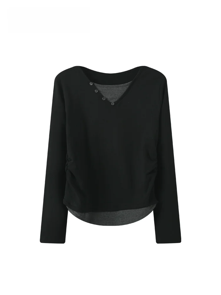 

Женский трикотажный топ больших размеров с длинным рукавом, на флисовой подкладке, с круглым вырезом, из полиэстера, скрывающий недостатки фигуры, стройнящий, имитация двойки