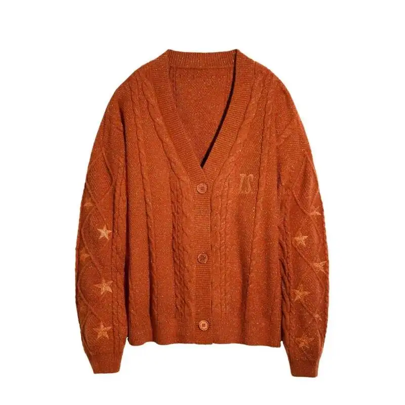 Embroidered Stars Long Sleeve Knitted Sweater Women's Autumn Winter Loose Lazy Elegant Multi Style Solid Color Buttoned Cardigan