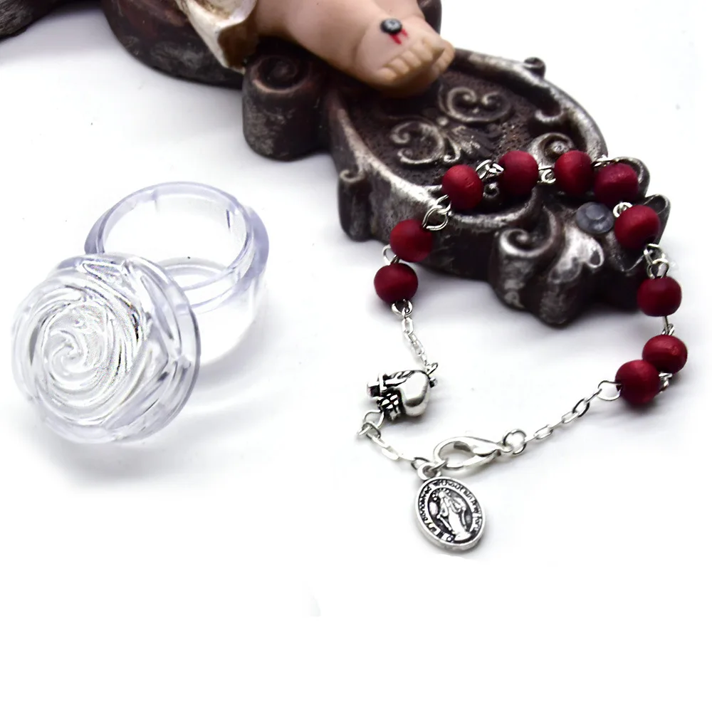 Retro Dark Red Scented Wooden Bead Bracelet Ancient Silver Religion Holy Mother Rose box packaging Dropshipping
