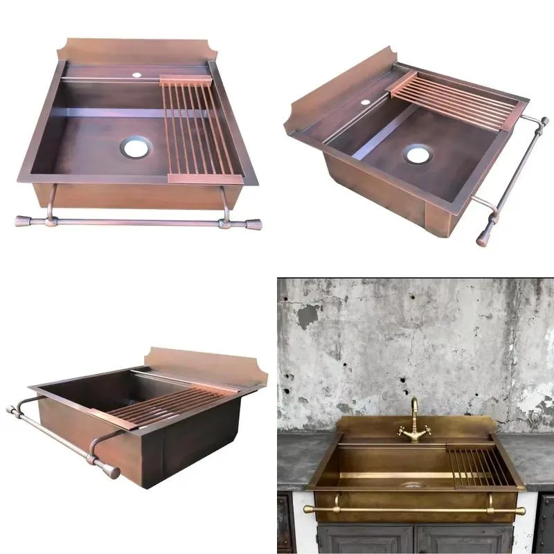 Handmade Antique Copper 65cm Apron Front Kitchen Sink New Design Single Dish Rack Single Hole Faucet Optional
