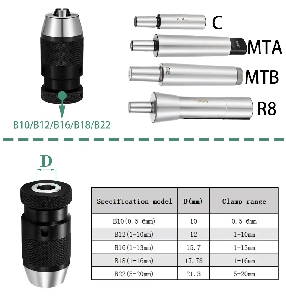 OUIO Self-tightening Drill Chuck B10 B12 B16 B18 B22 Morse Chuck Lathe CNC Drill Machine MT2 MT3 MT4 MT5 R8 C10 C12 C16 C20