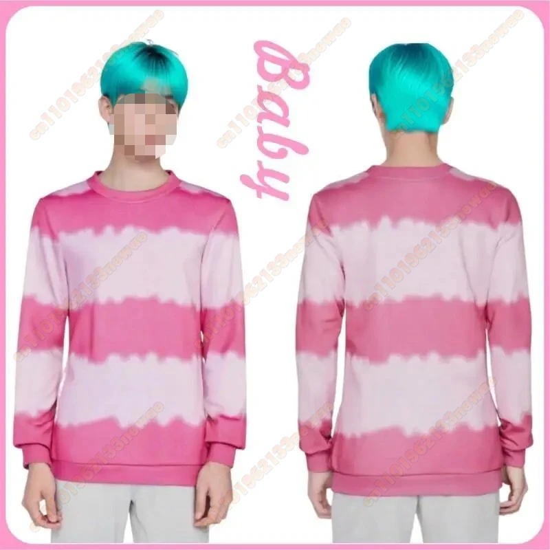 

K-pop Saja Boys Baby Movie Cosplay Costume Set with Green Wig And Hat Pink Stripes round Neck Long Sleeve Hoodless Sweatshirt