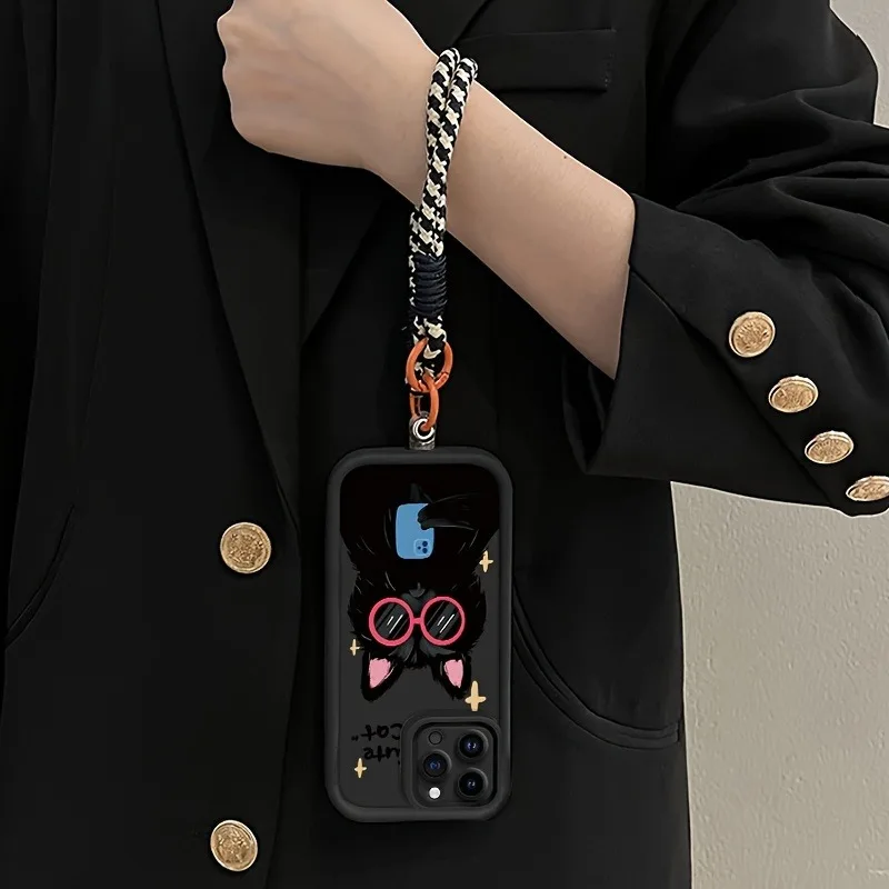 Schwarze Handyhülle mit coolem Katzenmuster und Tragegurt für iPhone 15 16 17 Pro Max 14 13 12 11 Pro XS Plus, stoßfest, matt, aus Silikon. – Detail 5