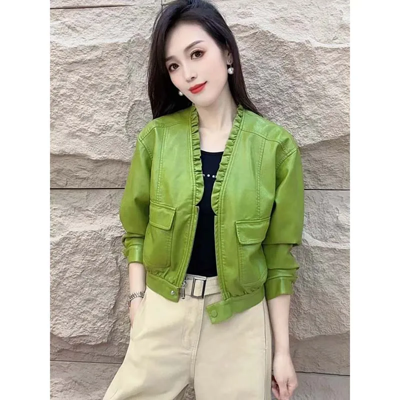 Spring Autumn Casual Short Leather Jacket 2026 Women Fashion New Solid Color Lace V-neck Loose PU Leather Motorcycle Jacket Top