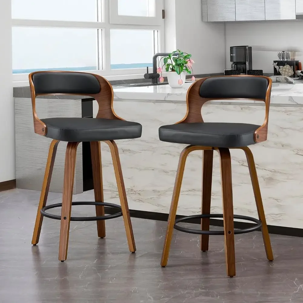 

26 Swivel Leather Bar Stools with Back & Arms for Counter Height, Ideal for Home Bar, Dining & Kitchen Island, Black