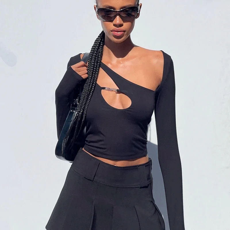 

High Waist Hollow out Long Sleeve T-Shirt Sexy Girl Base Shirt Top Women's Fashion Autumn Spring Season Short Length Slim Fit
