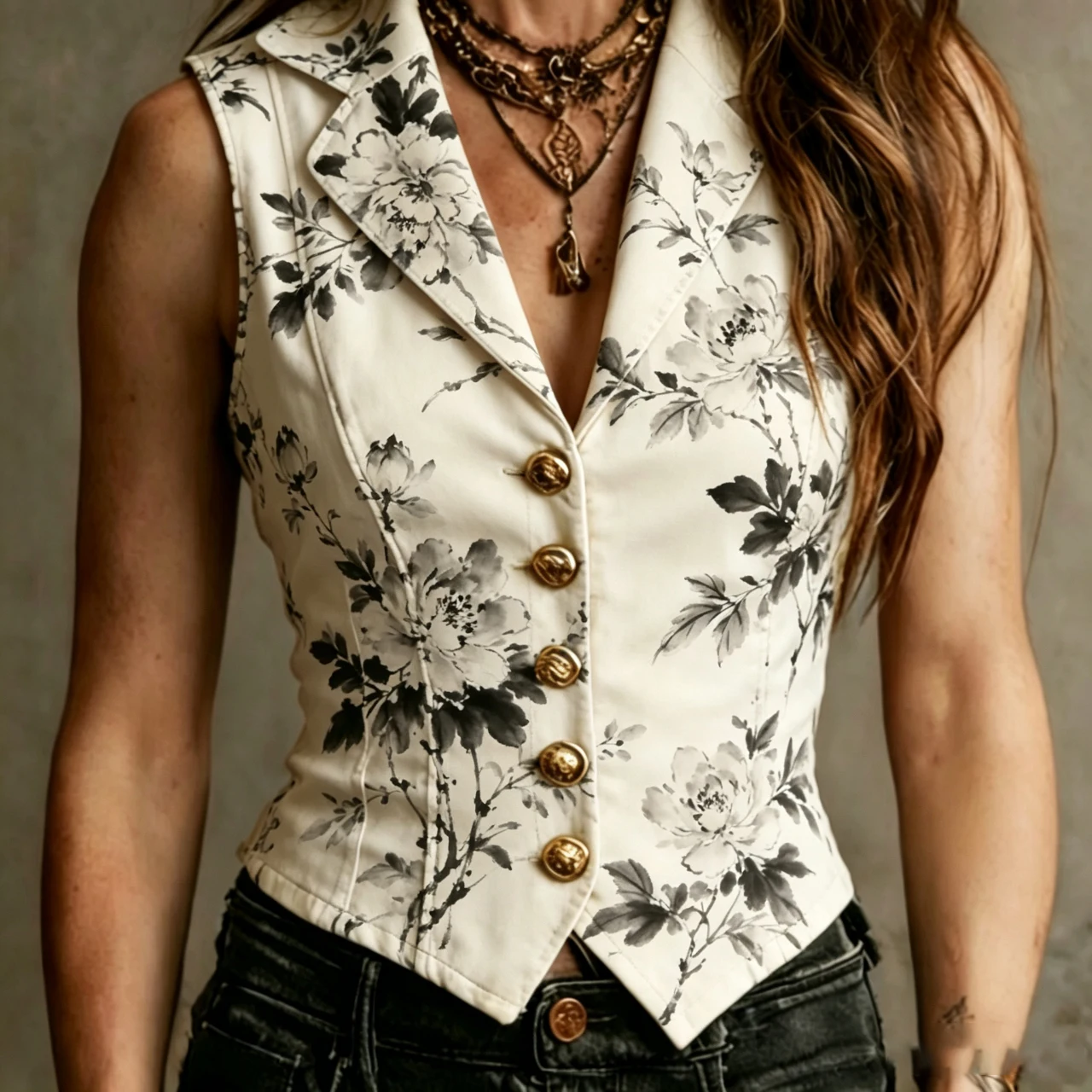 

White Ink Floral Print Sleeveless Vest Jacket Women Lapel Collar Single Breasted Slim Corset Waistcoat Summer Streetwear Top
