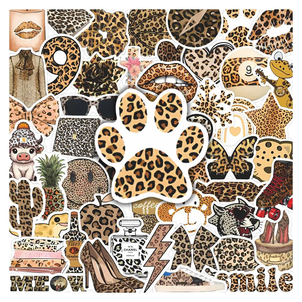 50pcs Retro Cartoon Leopard Print Aesthetic Graffiti Stickers DIY Toy Scrapbook Water Bottle Luggage Guitar Skateboard Stickers